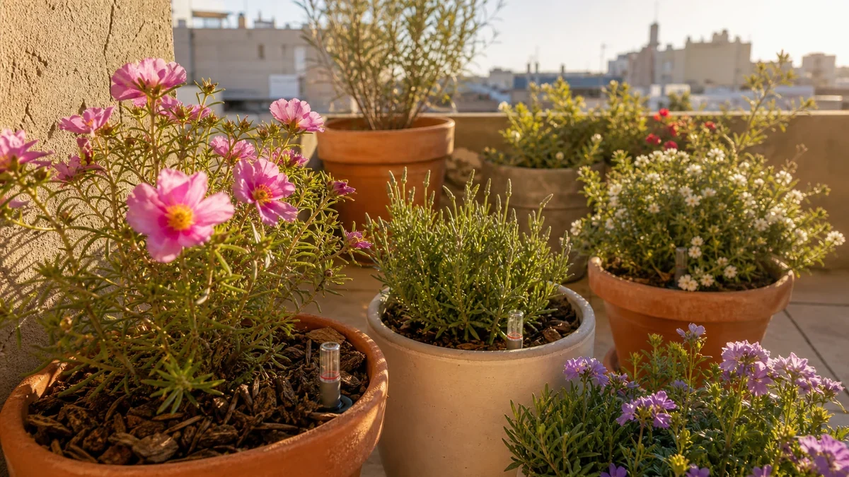 Foto editorial demostrativa: Flores resistentes para terraza urbana con calor de tarde sin riego diario