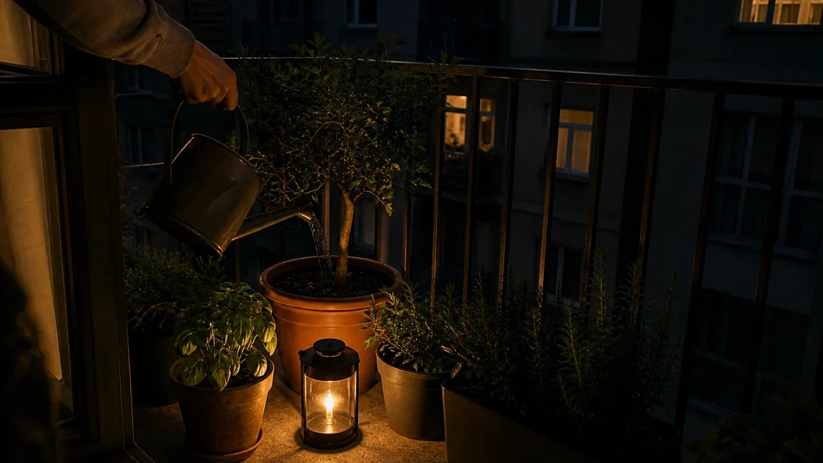 Foto editorial demostrativa: Luz baja para regar plantas de noche en balcón de departamento sin deslumbrar ventanas vecinas