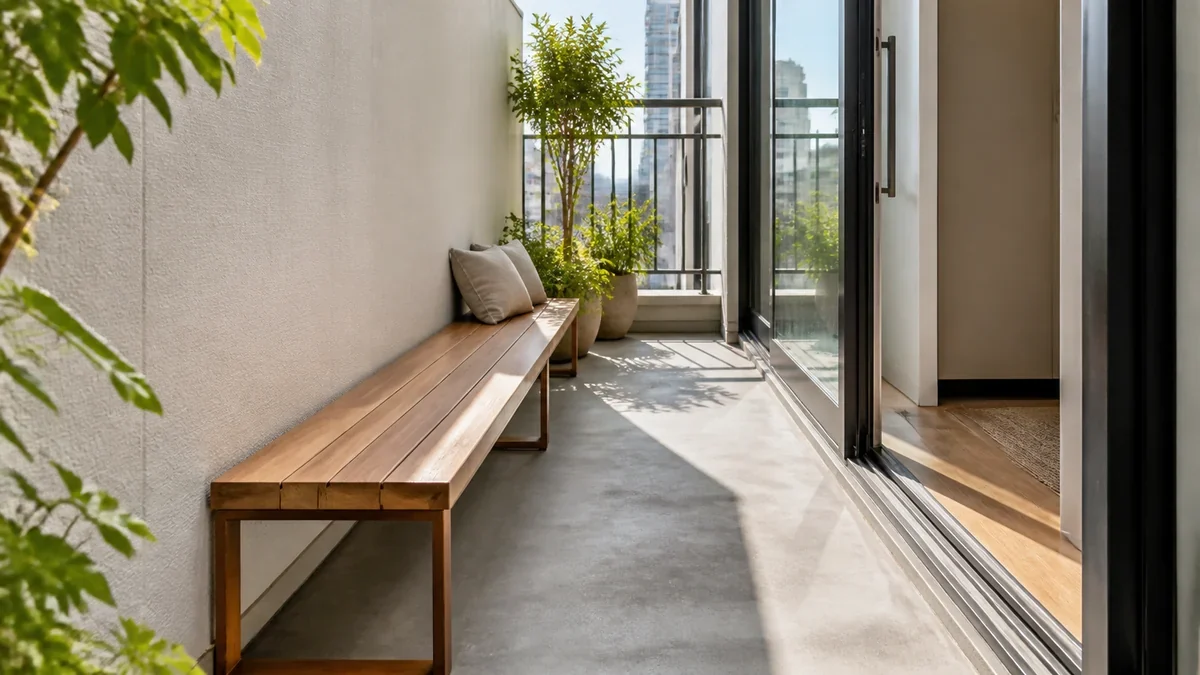 Foto editorial demostrativa: Banco bajo para terraza estrecha de departamento sin bloquear puerta corrediza