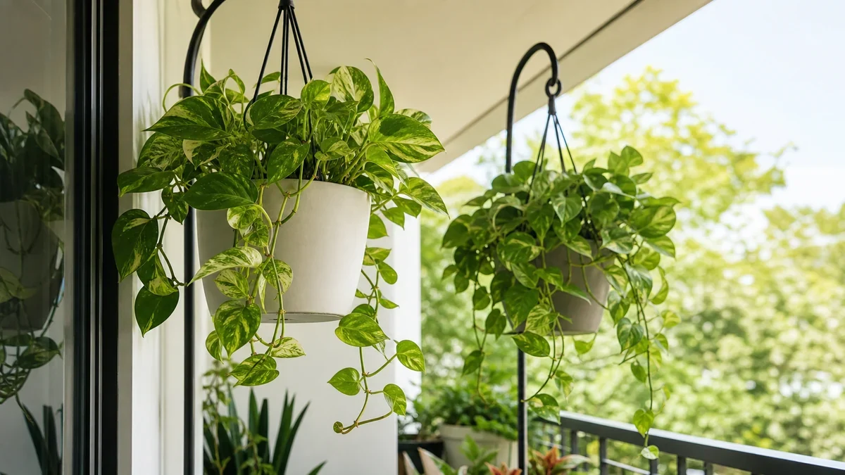 Foto editorial demostrativa: Plantas colgantes de interior exterior para balcón sombreado sin tallos débiles