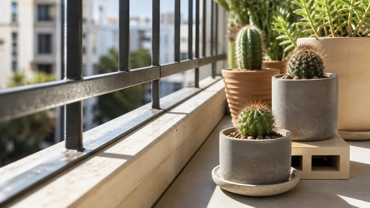 Foto editorial demostrativa: Cactus pequeños en balcón urbano con barandal caliente sin quemaduras ni macetas inestables