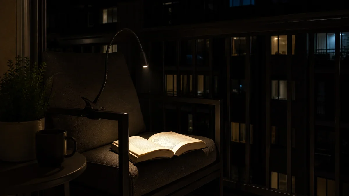 Foto editorial demostrativa: Luz puntual para lectura en silla individual de balcón sin iluminar todo el edificio