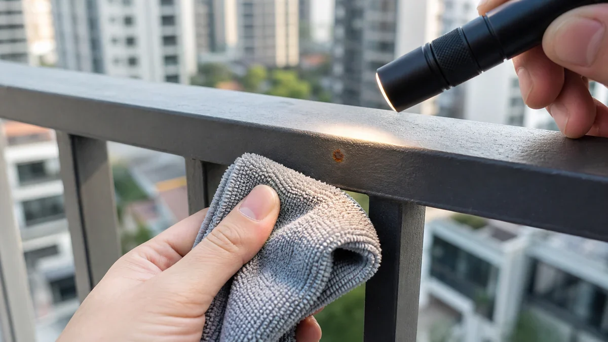 Foto editorial demostrativa: Detectar óxido inicial en barandal de balcón urbano sin pintar toda la estructura