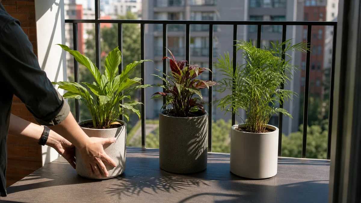 Foto editorial demostrativa: Rotación semanal de macetas en balcón con luz desigual sin estresar plantas