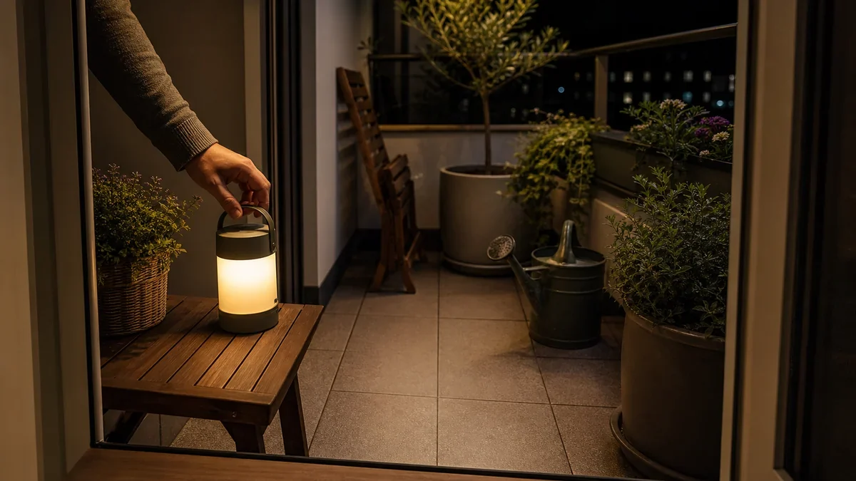 Foto editorial demostrativa: Rutina de cierre nocturno para balcón con plantas y luces sin dejar riesgos