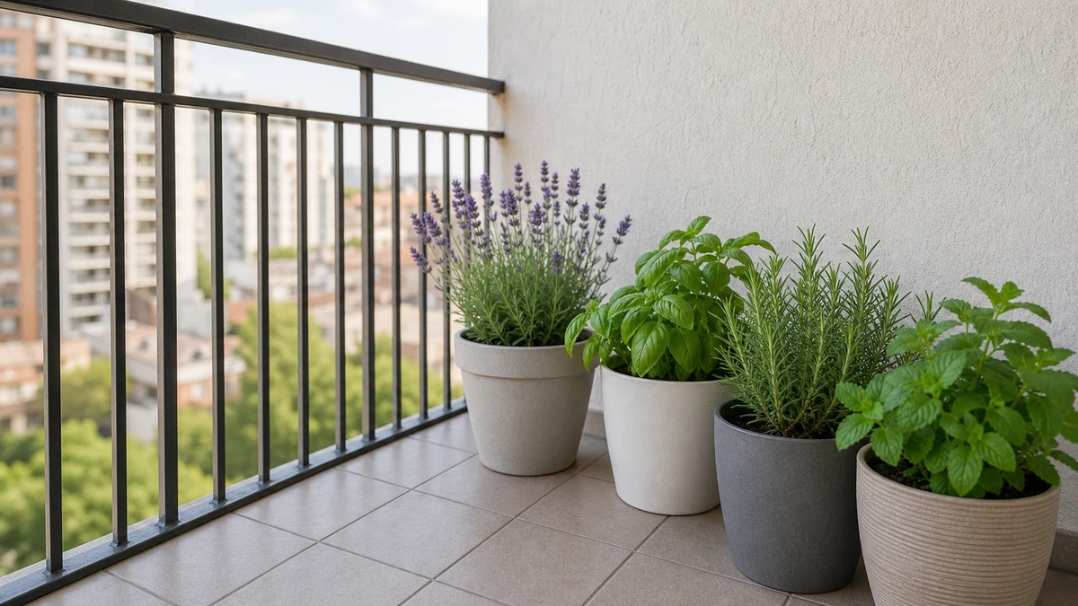 Balcón pequeño con lavanda, albahaca, romero y menta en macetas separadas junto al barandal.
