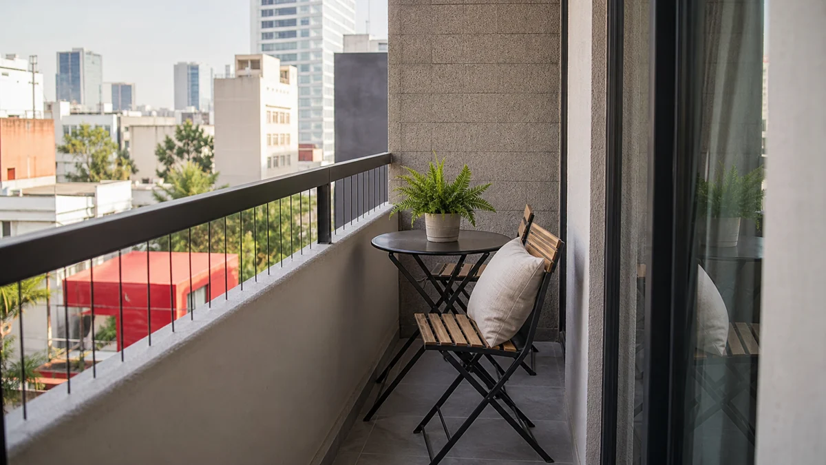 Balcón estrecho con silla plegable, mesa pequeña, cojín y planta.