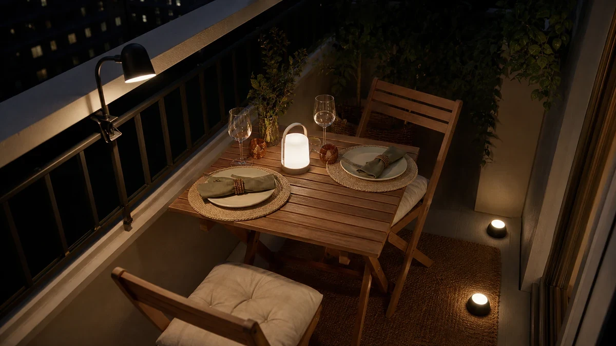 Foto realista de mesa pequeña para cenar con lámpara portátil, luz de barandal y balizas de piso