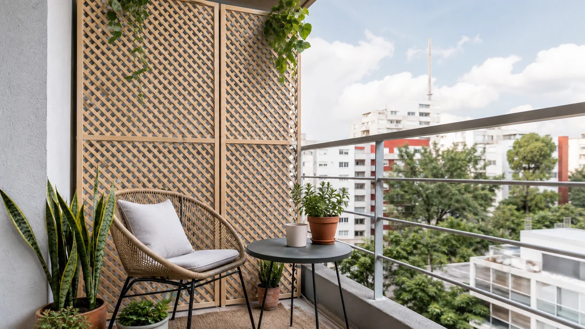 Balcón pequeño con celosía removible clara, silla, mesa y plantas en macetas.