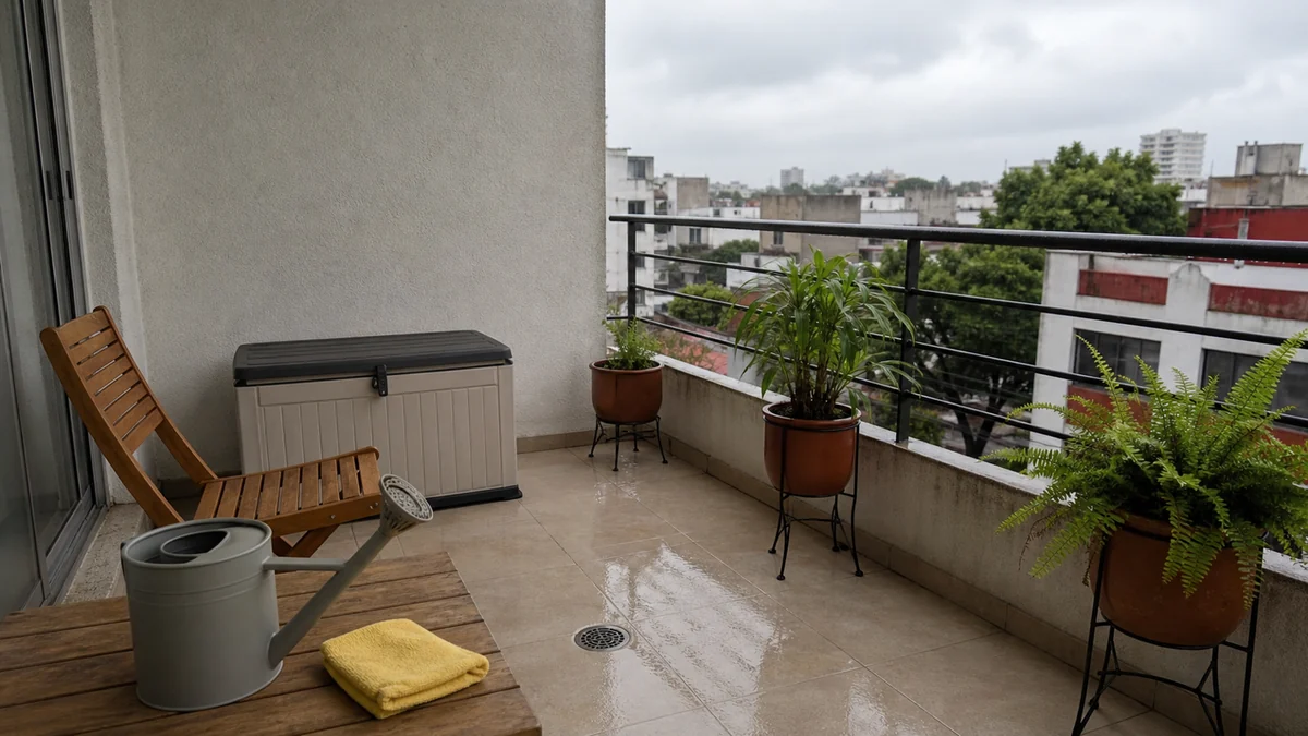 Balcón pequeño con drenaje libre, plantas elevadas, mesa con paño y regadera antes de lluvia.