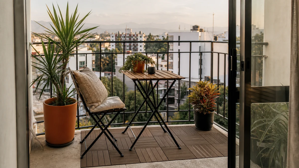 Balcón pequeño de departamento con silla plegable, mesa estrecha, plantas y piso removible.