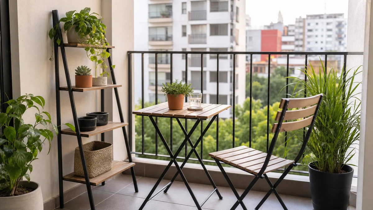 Balcón pequeño con silla plegable, mesa compacta, repisa apoyada y plantas en macetas.