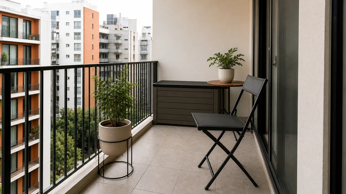 Balcón pequeño limpio con silla plegable, mesa estrecha, caja cerrada y plantas en maceta.