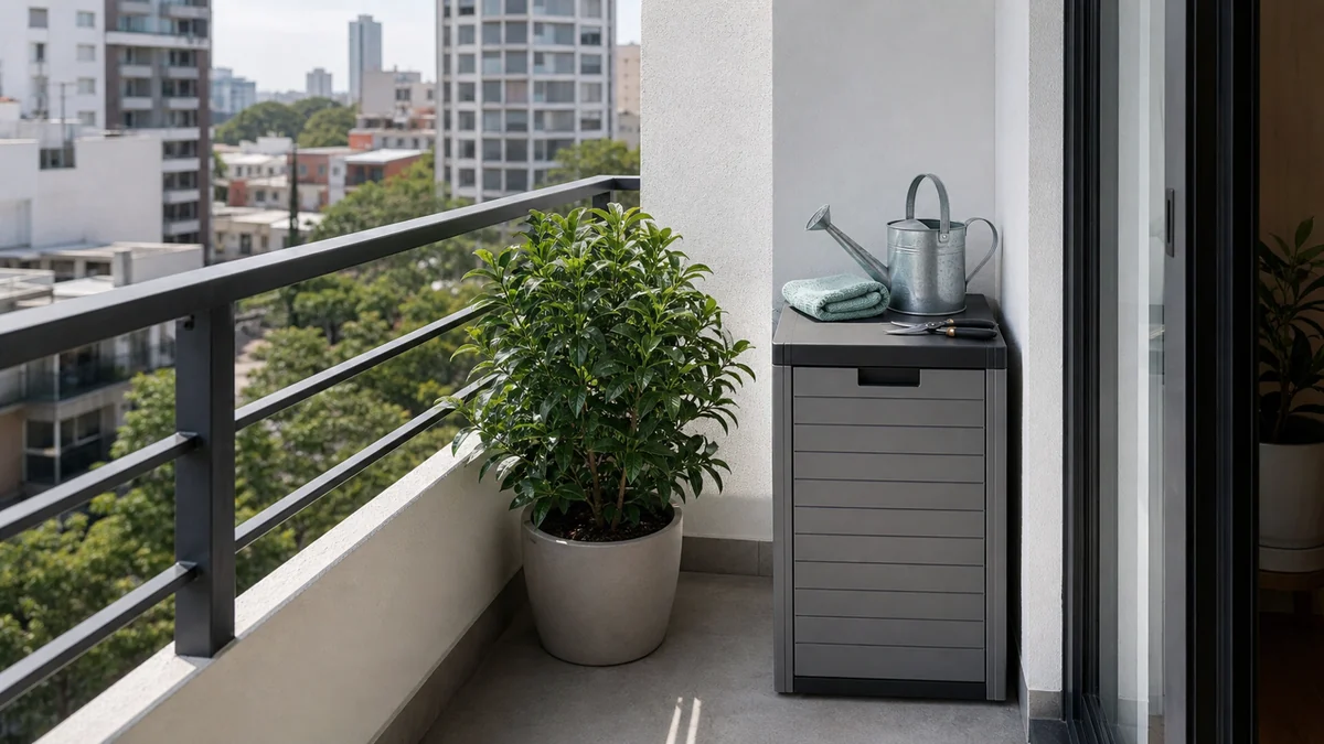Balcón pequeño con caja compacta para herramientas, regadera y paño junto a una planta.