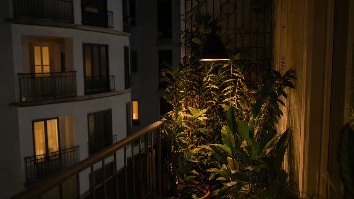 Foto realista de lámpara dirigida hacia plantas de balcón para suavizar la luz frente a vecinos cercanos