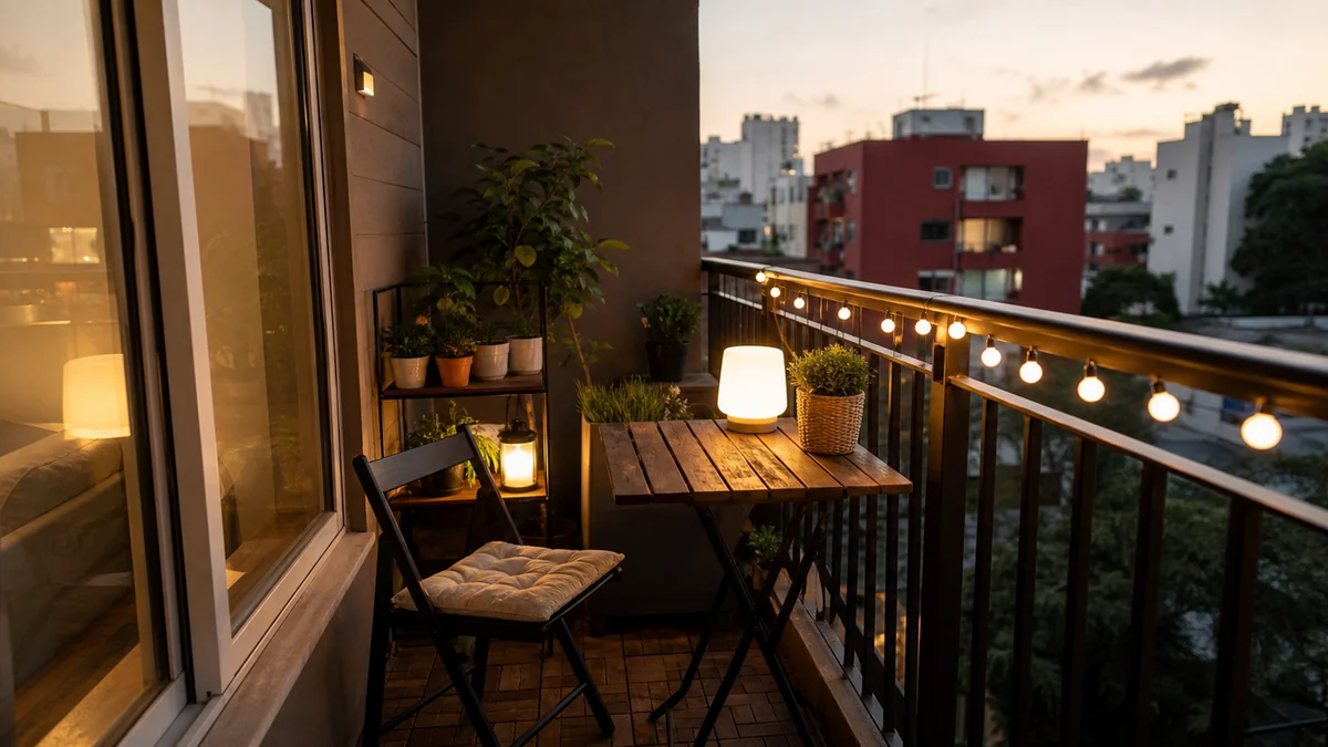 Balcón pequeño de departamento con lámpara recargable, luces cálidas y mesa plegable.