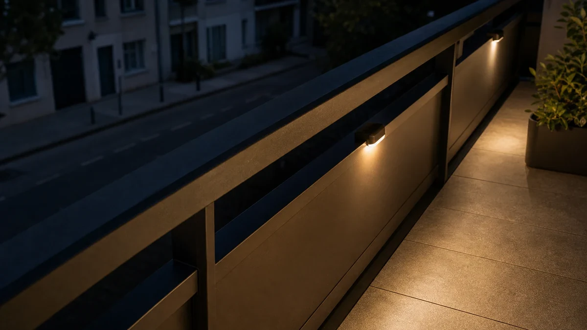 Foto realista de luz instalada hacia el lado interior del barandal sin deslumbrar hacia la calle