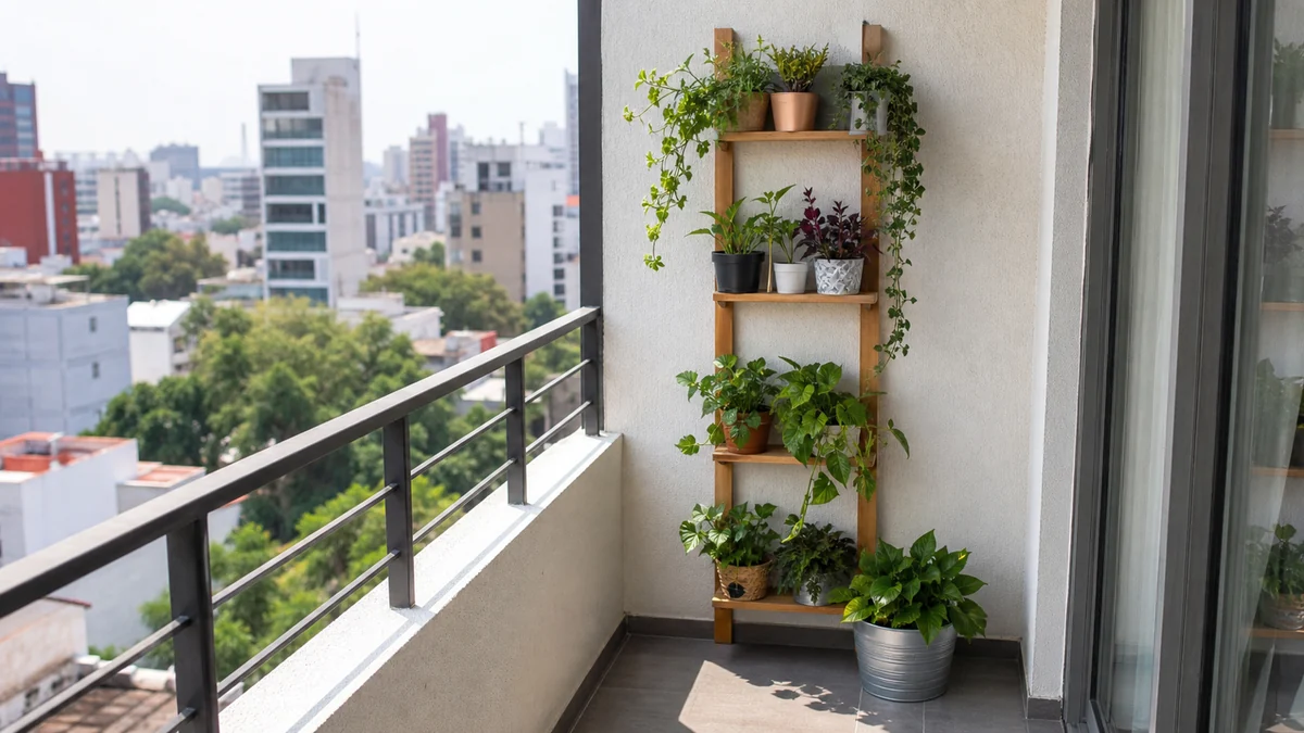 Balcón pequeño con repisa vertical removible llena de plantas en macetas.