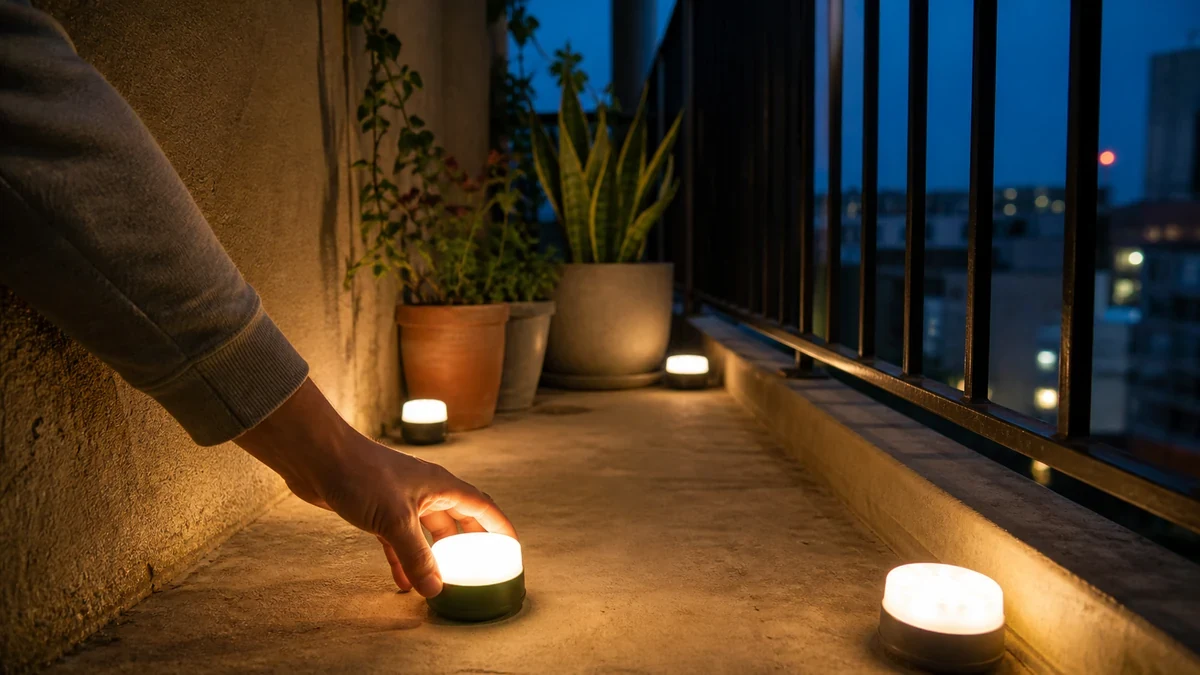 Foto realista de balizas recargables colocadas en el piso de un balcón estrecho sin cables visibles