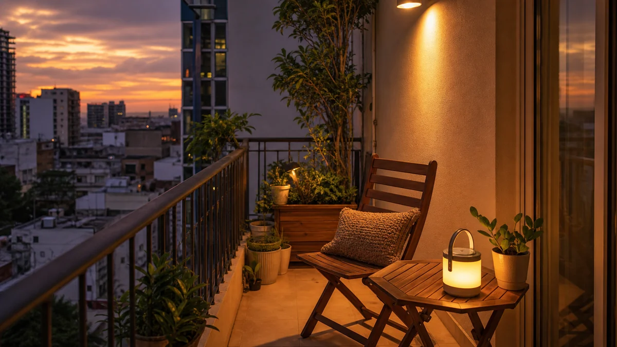Balcón estrecho al atardecer con lámpara cálida, silla plegable, mesa pequeña y plantas.