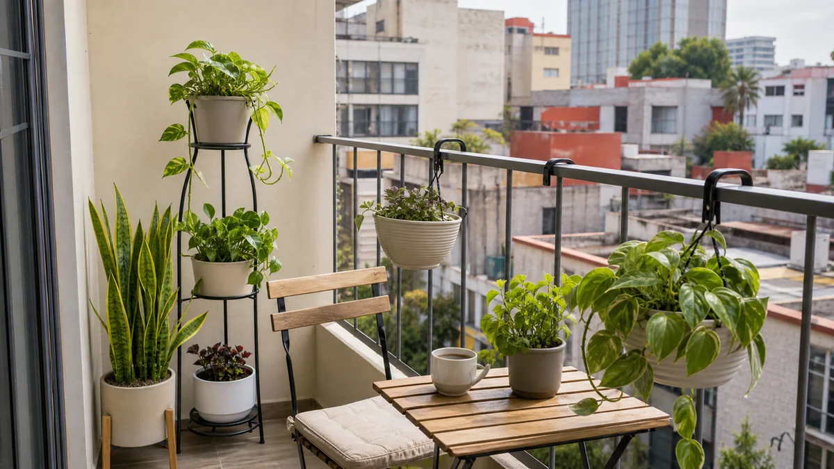 Balcón pequeño con macetas colgantes hacia el interior, plantas verdes, silla y mesa compacta.