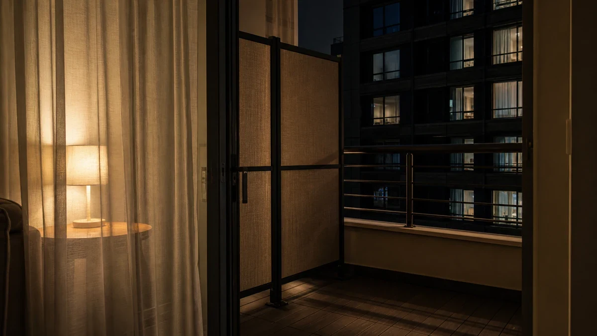 Foto realista de pantalla parcial y cortina translúcida reduciendo miradas nocturnas desde edificios cercanos
