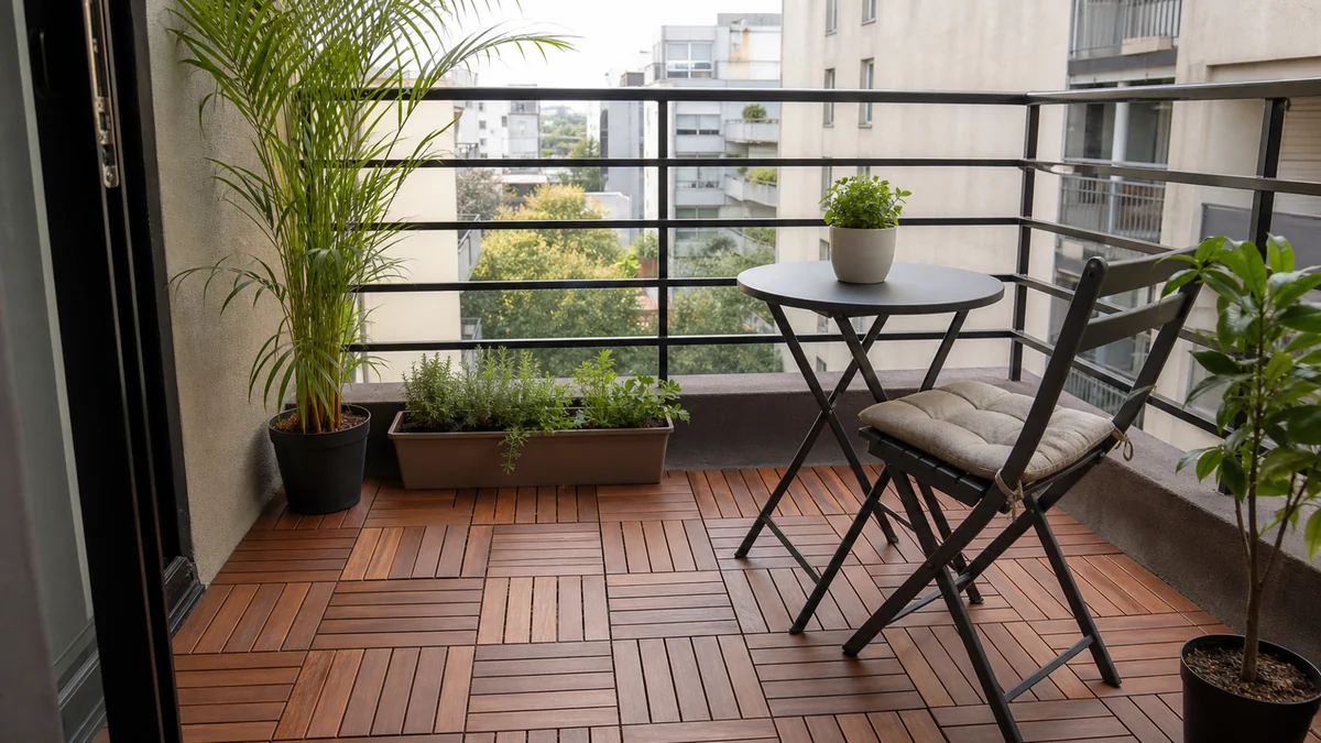 Balcón pequeño con losetas removibles tipo deck, silla plegable, mesa y plantas.