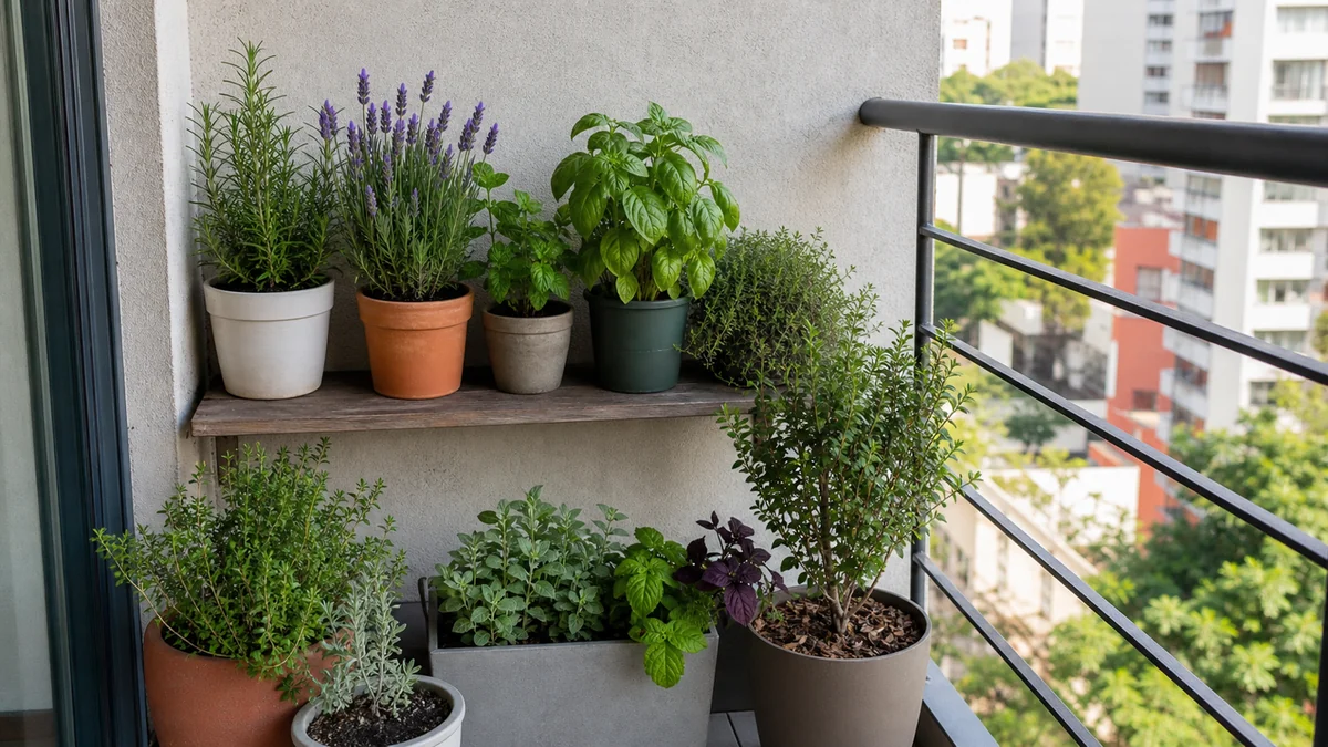 Balcón pequeño con macetas de romero, lavanda, albahaca, tomillo y menta.