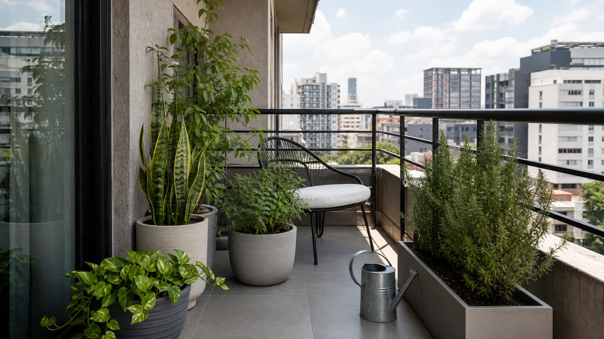 Balcón pequeño con plantas de bajo mantenimiento en macetas estables.