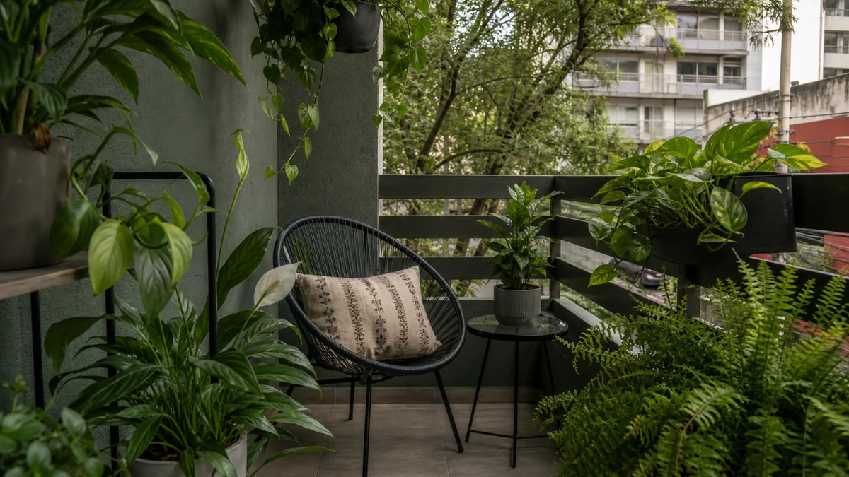Balcón pequeño sombreado con plantas de follaje, helechos, silla compacta y mesa lateral.