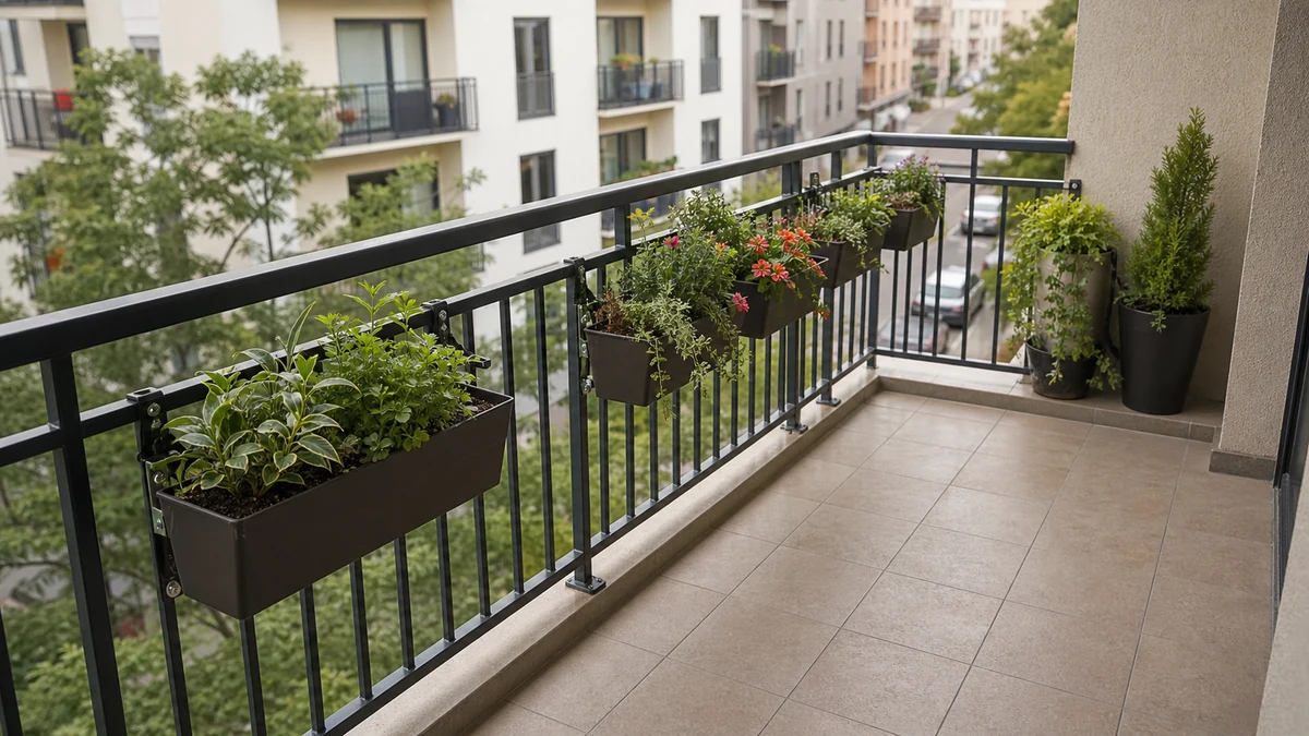 Jardineras sujetas al lado interior del barandal con plantas compactas y paso despejado.