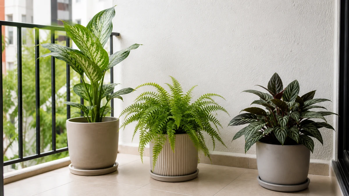 Balcón pequeño con plantas de luz indirecta en macetas con drenaje y pared clara.