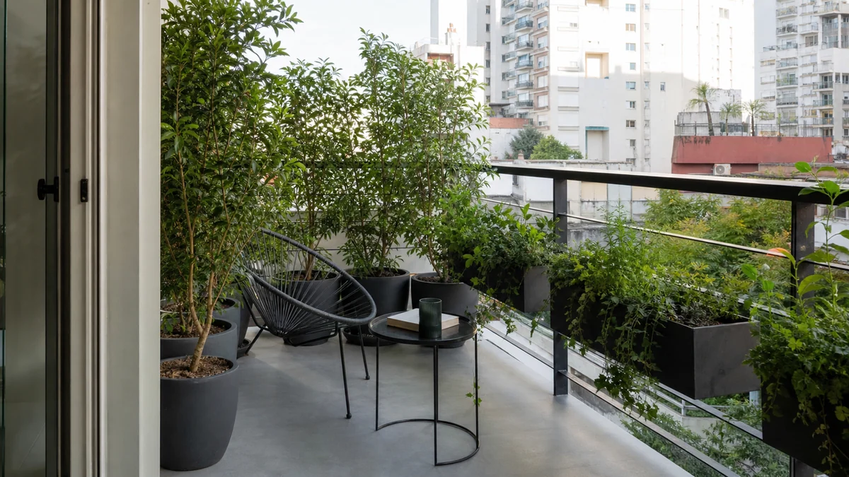 Balcón urbano con plantas en macetas formando una pantalla visual ligera junto al barandal.