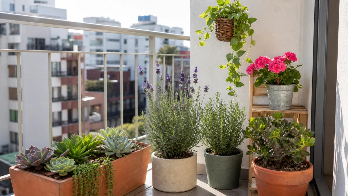 Balcón pequeño soleado con suculentas, romero, lavanda ornamental y flores en macetas.