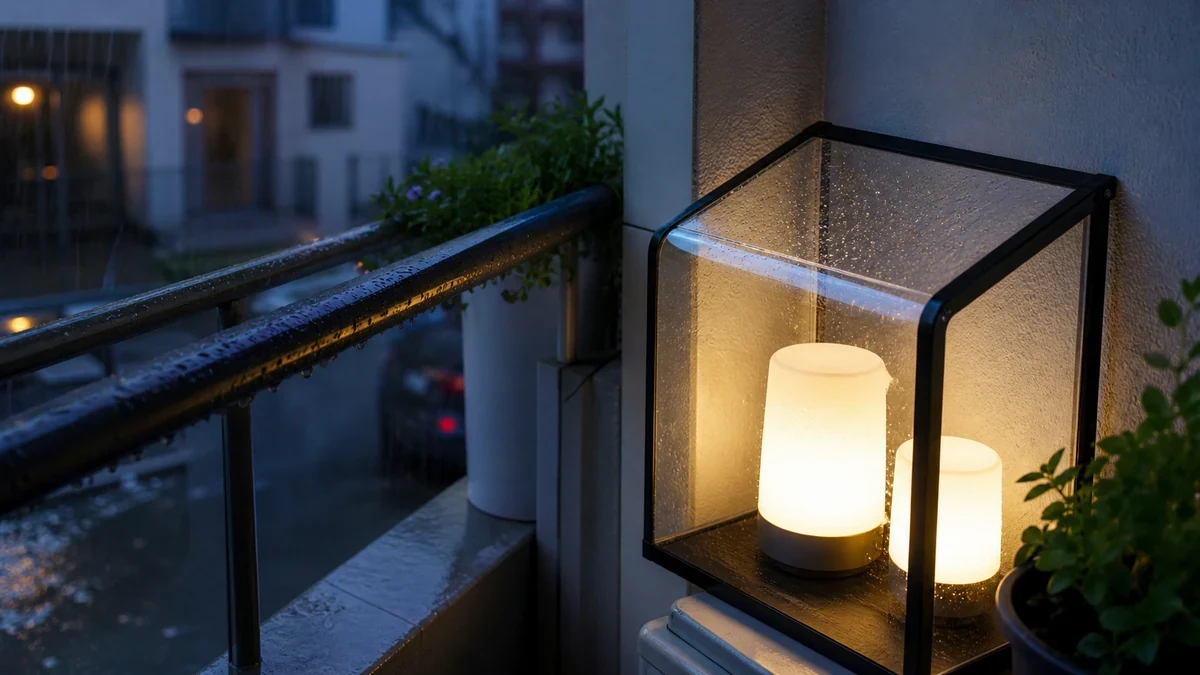 Foto realista de lámparas recargables protegidas de lluvia lateral en balcón pequeño