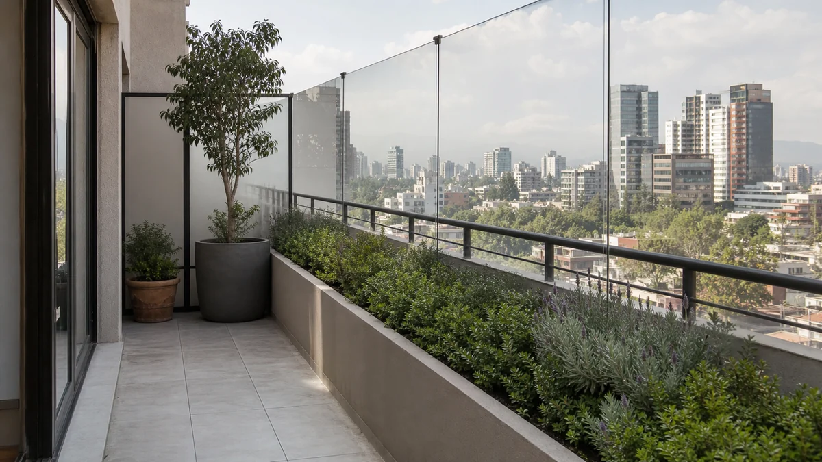 Balcón alto con plantas protegidas del viento mediante macetas estables y barrera interior.