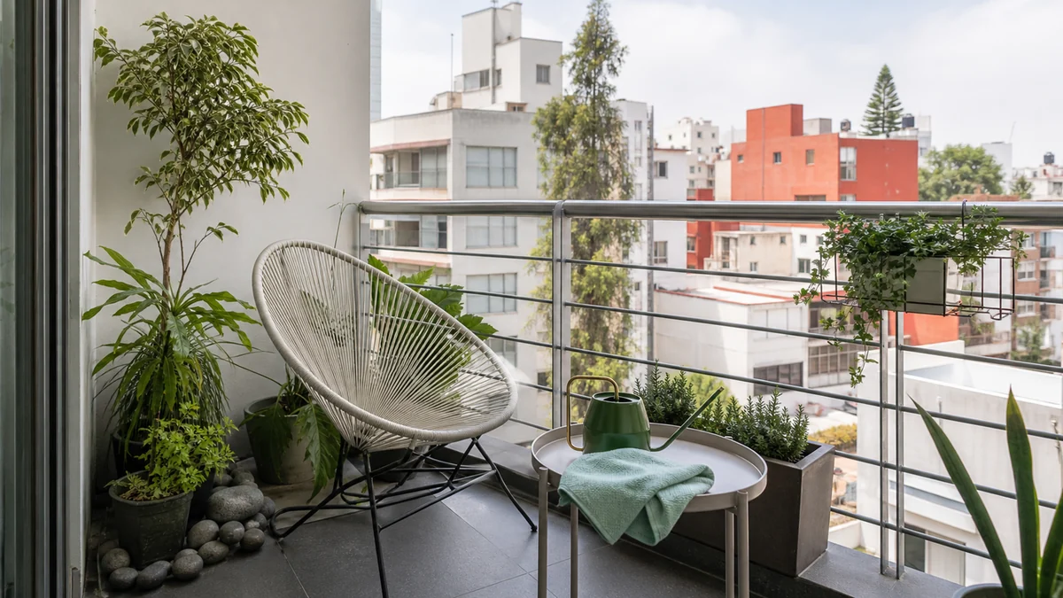Balcón urbano limpio con plantas, silla exterior, paño de microfibra y regadera.