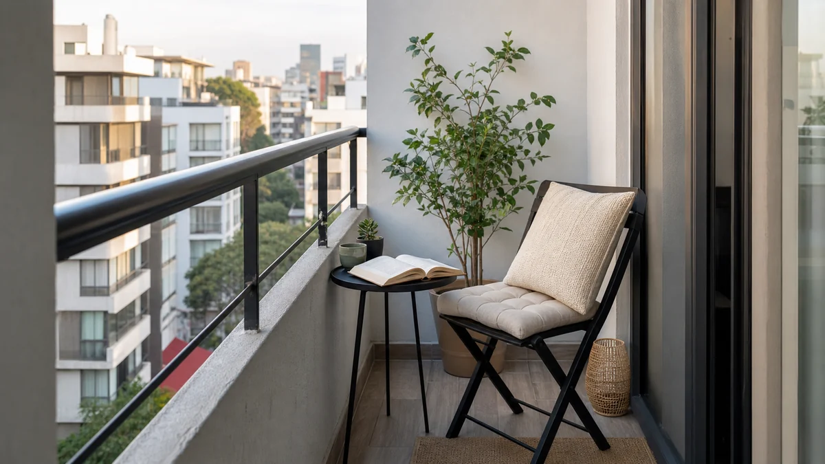 Balcón pequeño con silla plegable, mesa auxiliar, libro abierto y planta.