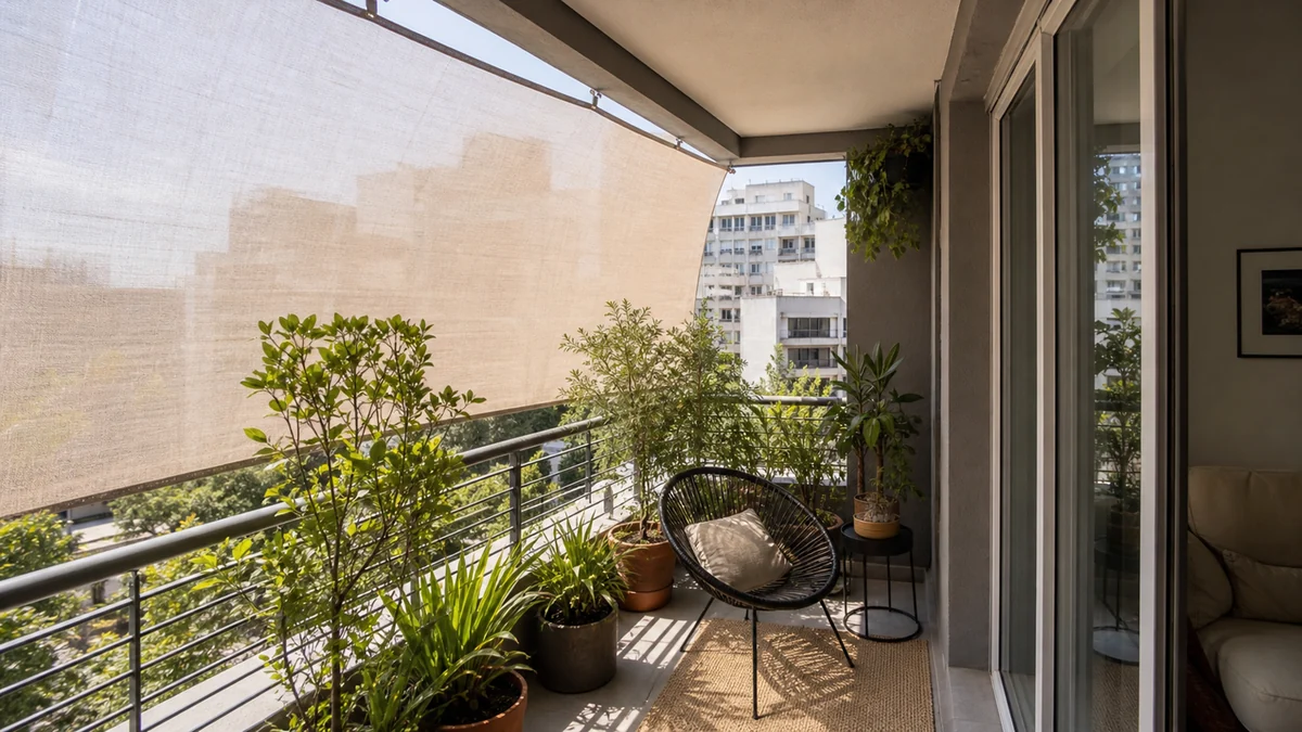 Balcón pequeño con tela de sombra parcial, plantas y zona de asiento ventilada.