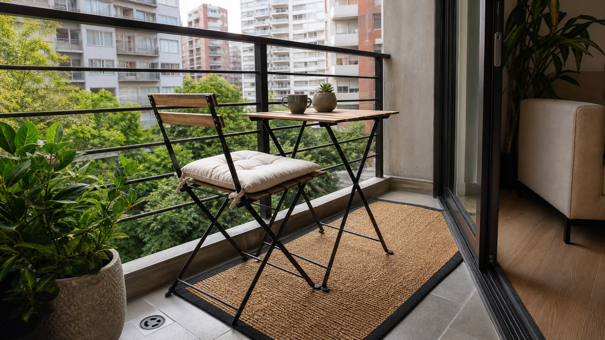 Balcón pequeño con tapete exterior, silla plegable, mesa y planta.