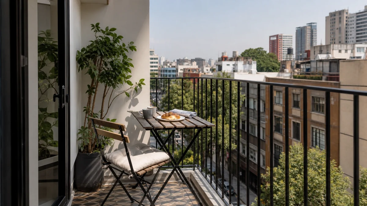 Balcón pequeño con mesa plegable, silla y desayuno sencillo.